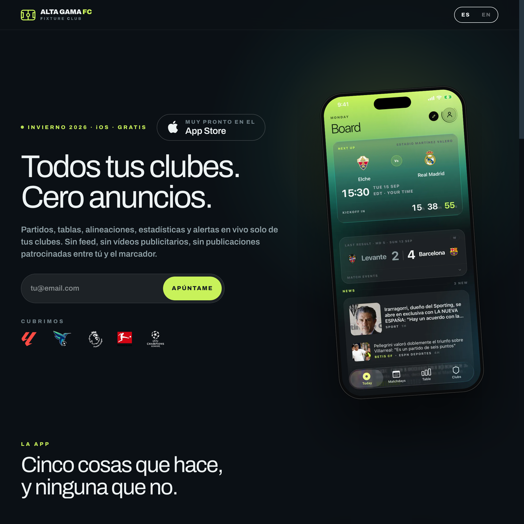 La página de presentación de la app Alta Gama FC